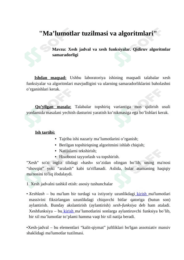 xesh jadval va xeshlash qidiruv algoritmlar samaradorligi 1