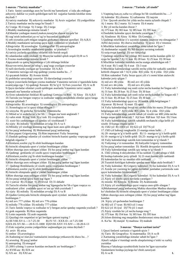 Tarix fanidan mavzulashtirilgan testlar 1