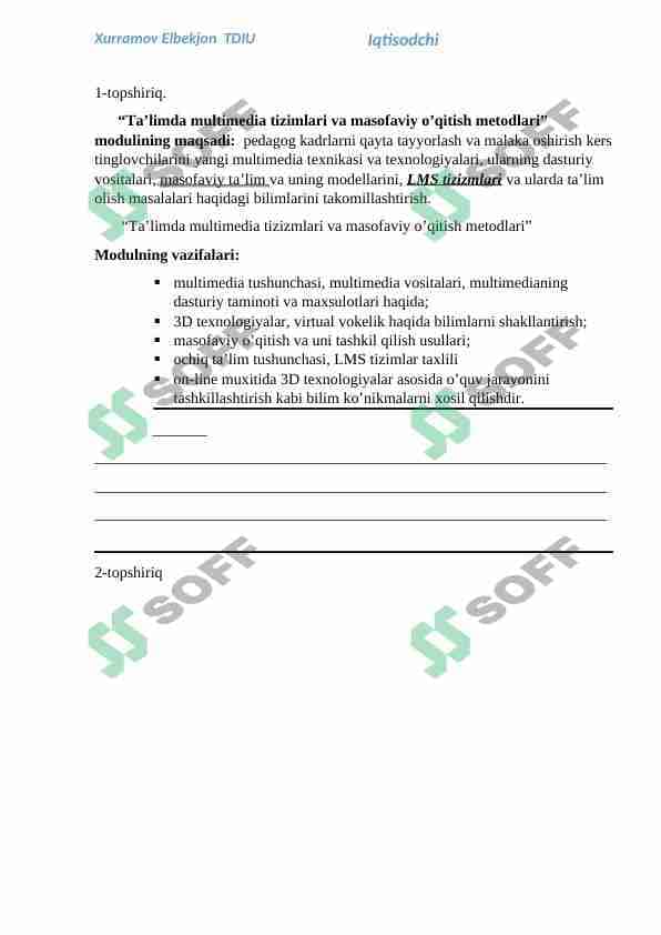 “Ta’limda multimedia tizimlari va masofaviy o’qitish metodlari” modulining maqsadi 1
