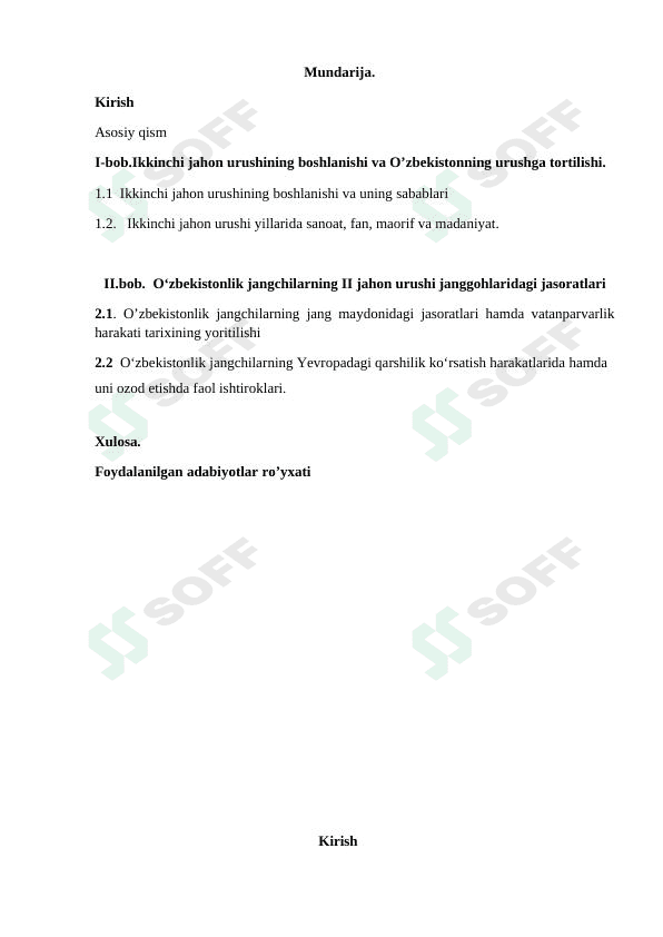 Ikkinchi jahon urushining boshlanishi va O’zbekistonning urushga tortilishi. 1