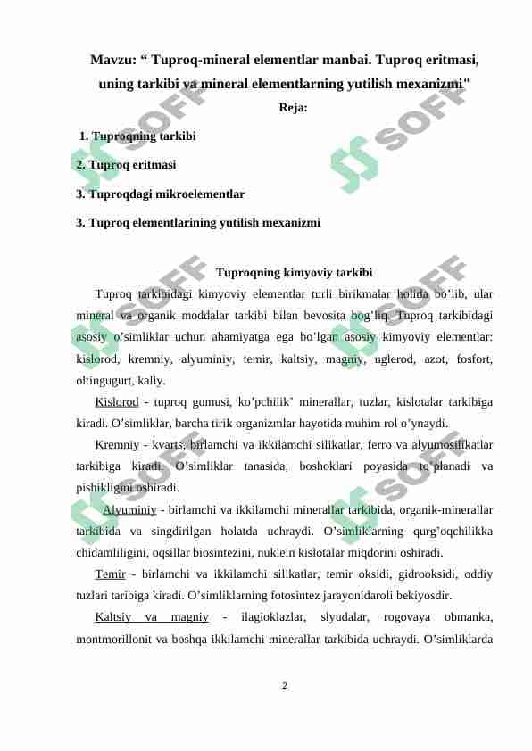 Tuproq-mineral elementlar manbai. Tuproq eritmasi, uning tarkibi va mineral elementlarning yutilish mexanizmi 1