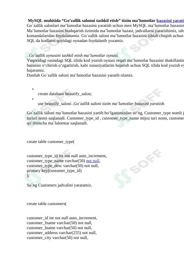 MySQL muhitida “Go’zallik salonni tashkil etish” tizim ma’lumotlar bazasini yaratish 1