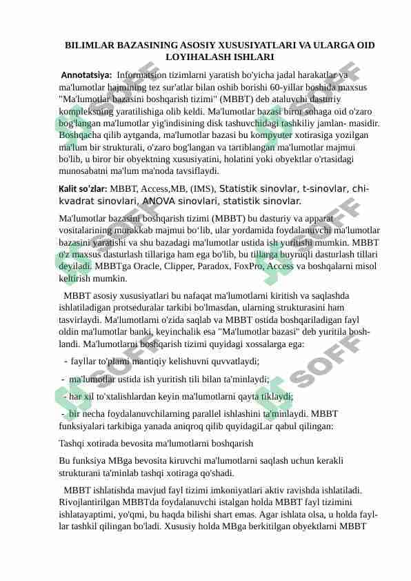 BILIMLAR BAZASINING ASOSIY XUSUSIYATLARI VA ULARGA OID  LOYIHALASH ISHLARI 1