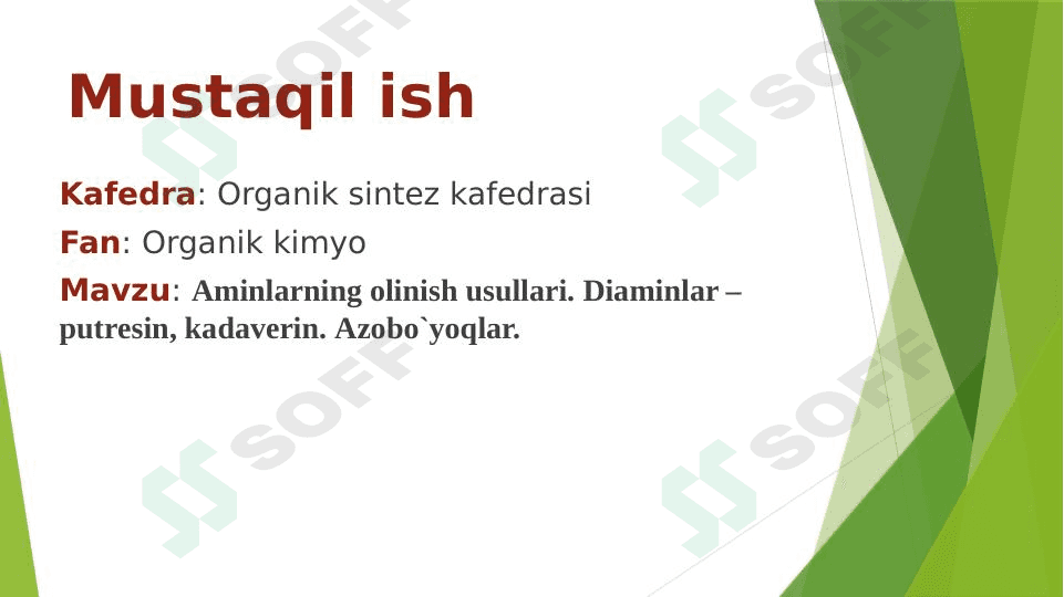 Аminlаrning оlinish usullаri. Diаminlаr – putrеsin, kаdаvеrin. Azobo`yoqlar. 1