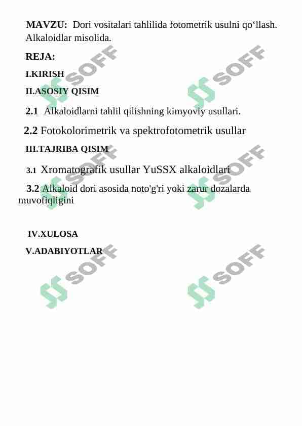 Dori vositalari tahlilida fotometrik usulni qo‘llash. Alkaloidlar misolida 1
