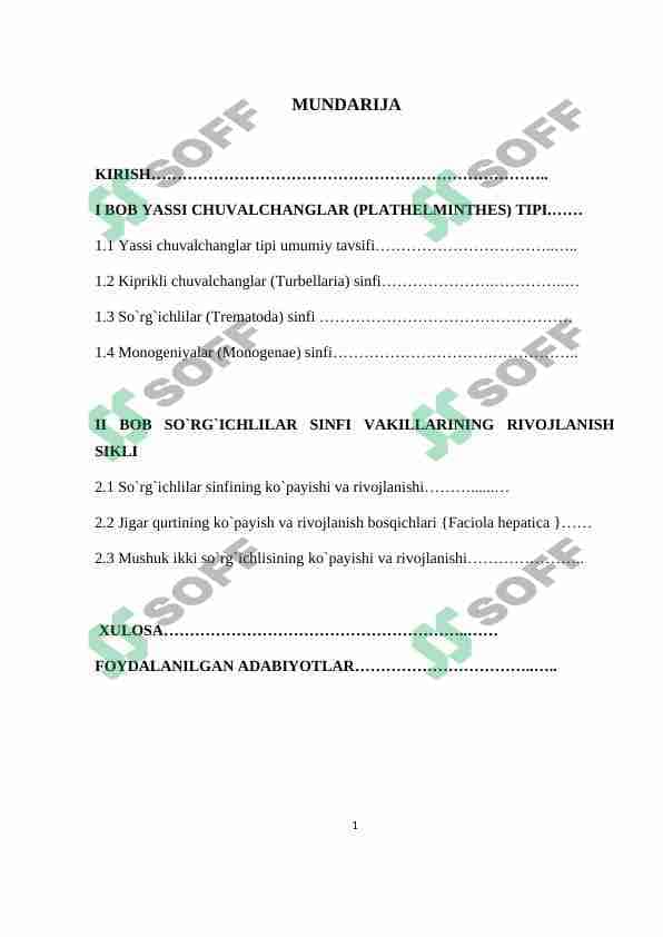 Yassi chuvalchanglarning rivojlanish sikli-parazitlik hayot mahsuli 1