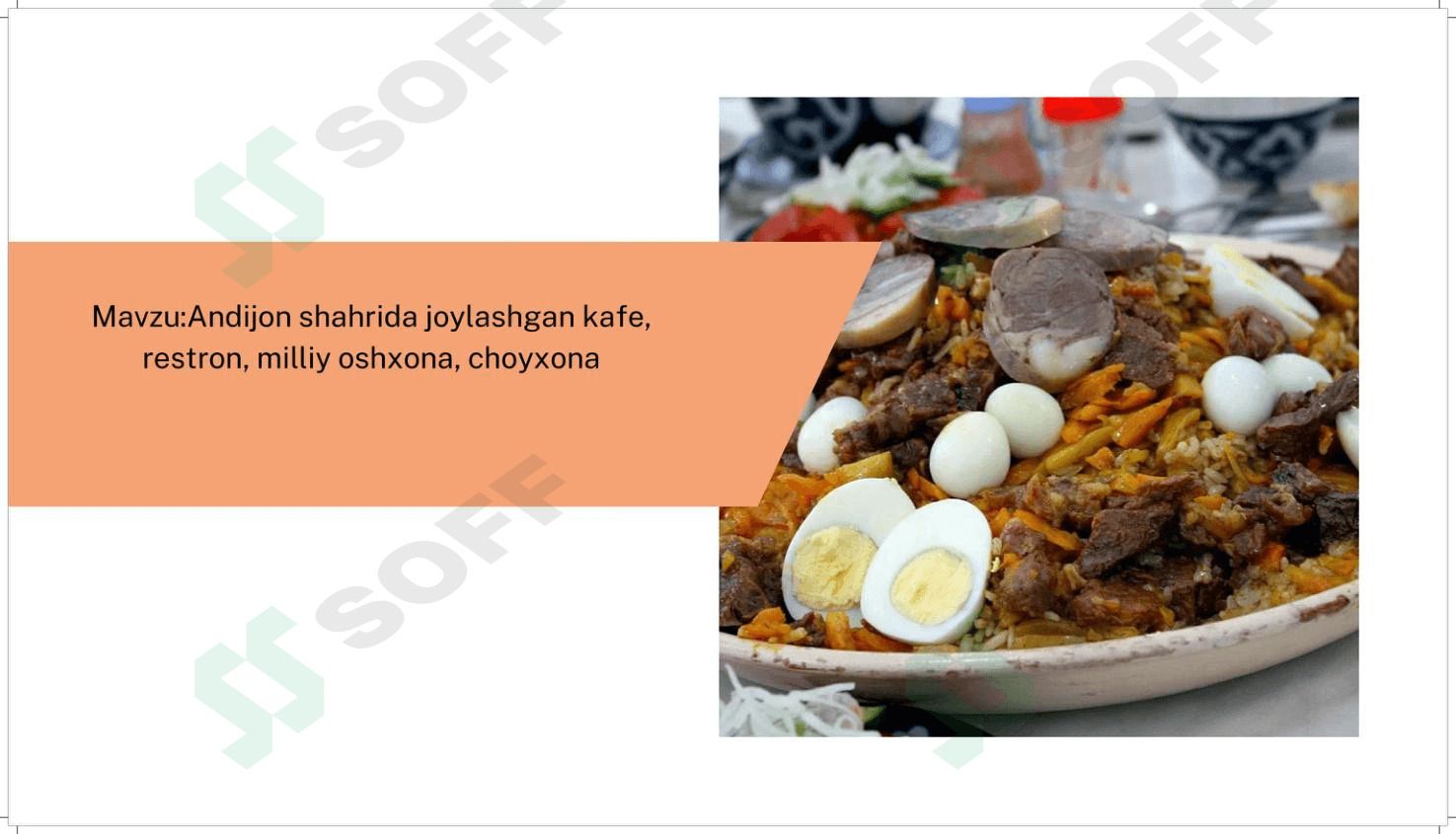 Andijon shahrida joylashgan kafe, milliy oshxona, choyxonalar 1