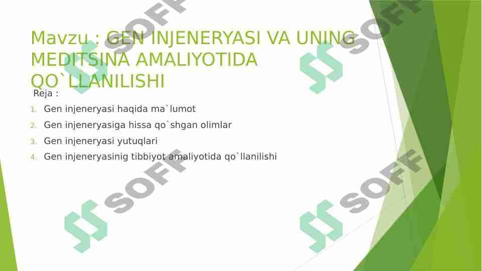 GEN INJENERYASI VA UNING MEDITSINA AMALIYOTIDA QO`LLANILISHI 1