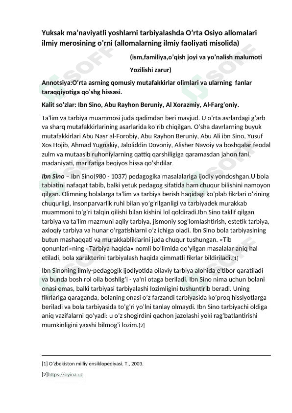 Yuksak ma’naviyatli yoshlarni tarbiyalashda O’rta Osiyo allomalari ilmiy merosining o’rni (allomalarning ilmiy faoliyati misolida) 1