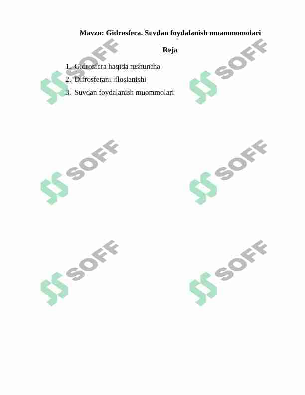 Gidrosfera. Suvdan foydalanish muammomolari 1