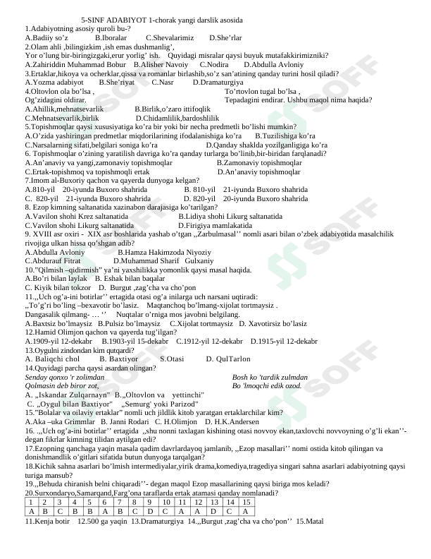 5-sinf ona tili va adabiyot fanidan  1-chorak test topshiriqlari javoblari bilan. 1