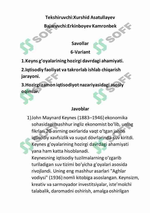 Iqtisodiyot fakulteti uchun savollar javobi bilan 1