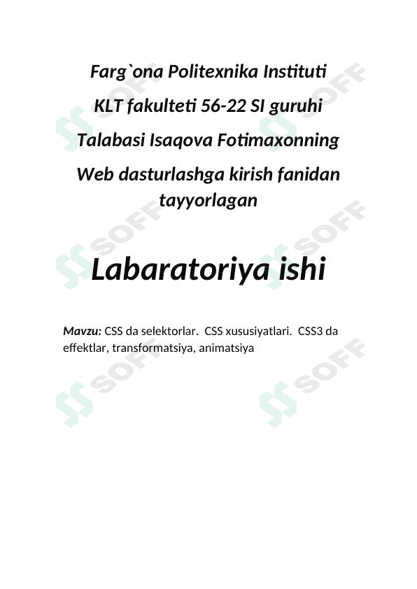 CSS da selektorlar.  CSS xususiyatlari.  CSS3 da effektlar, transformatsiya, animatsiya 1