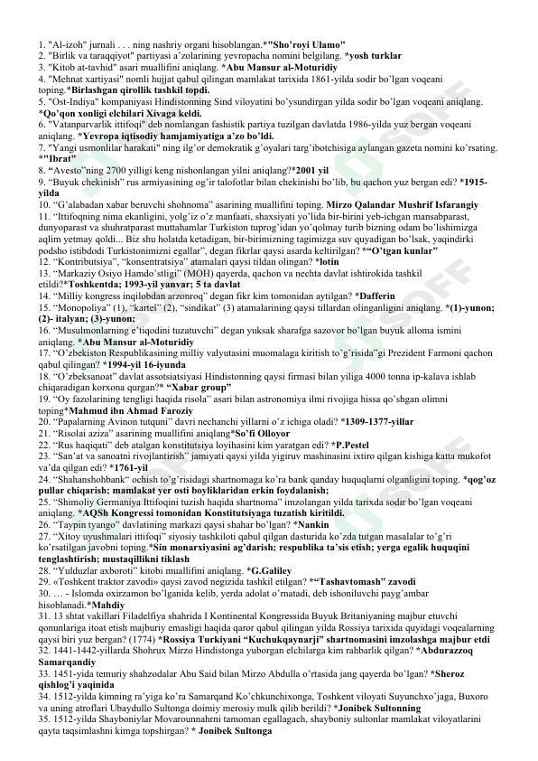 Umumiy Ta'rix-1074 ta savol va javob to'plami 1