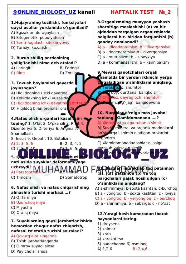 BIOLOGIYA FANIDAN DTM TESTLARI-30 TALIK 1