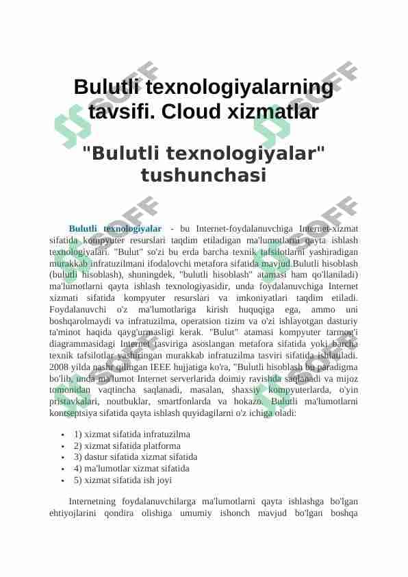 Bulutli texnologiyalarning tavsifi. Cloud xizmatlar 1