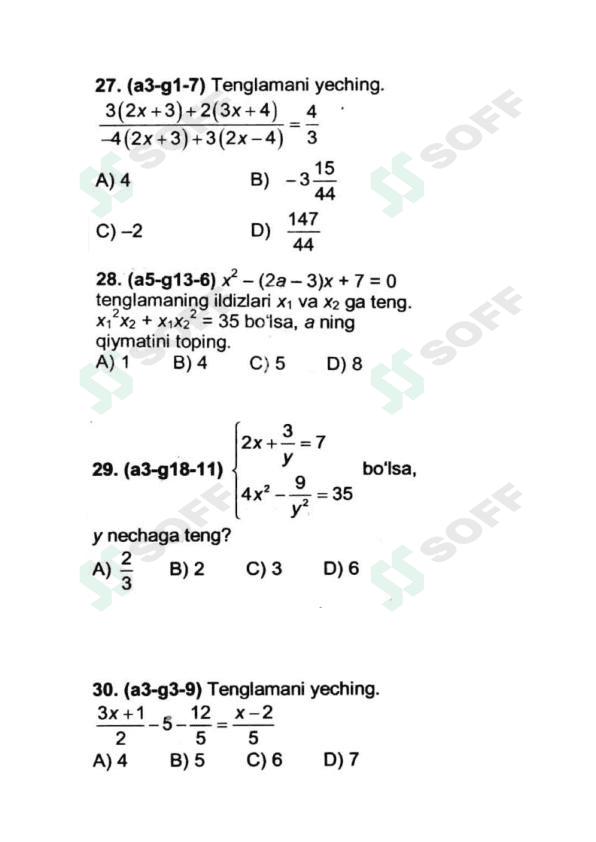 Matematikadan test topshiriqlari abiturientlar uchun 1