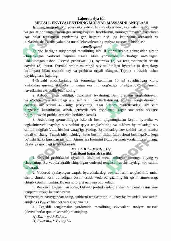 metall ekvivalentining molyar massasini aniqlash 1