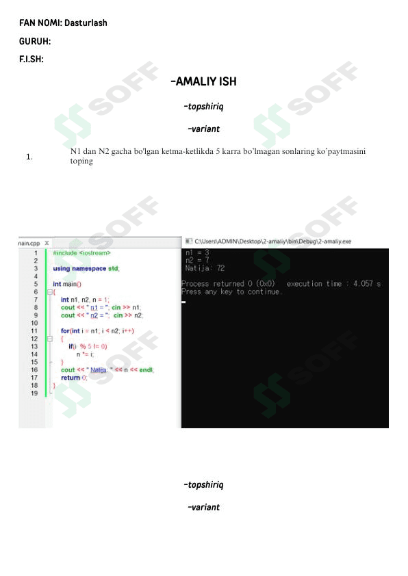 Dastur C++ dan amaliy mashg'ulot 1