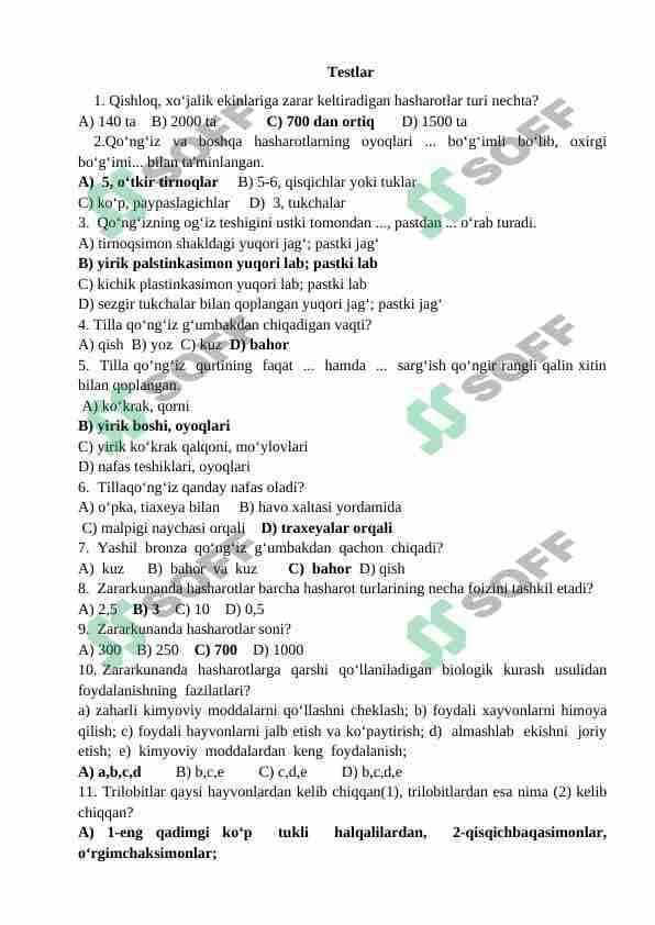 hasharotlar test 1
