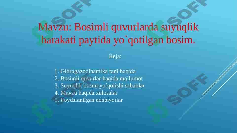 Bosimli quvurlar. Bosimli quvurlarda suyuqlik harakati paytida yo`qotilgan bosim 1