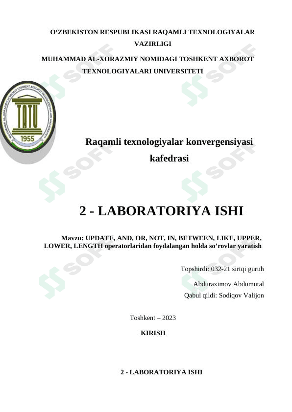 UPDATE, AND, OR, NOT, IN, BETWEEN, LIKE, UPPER, LOWER, LENGTH operatorlaridan foydalangan holda so’rovlar yaratish 1