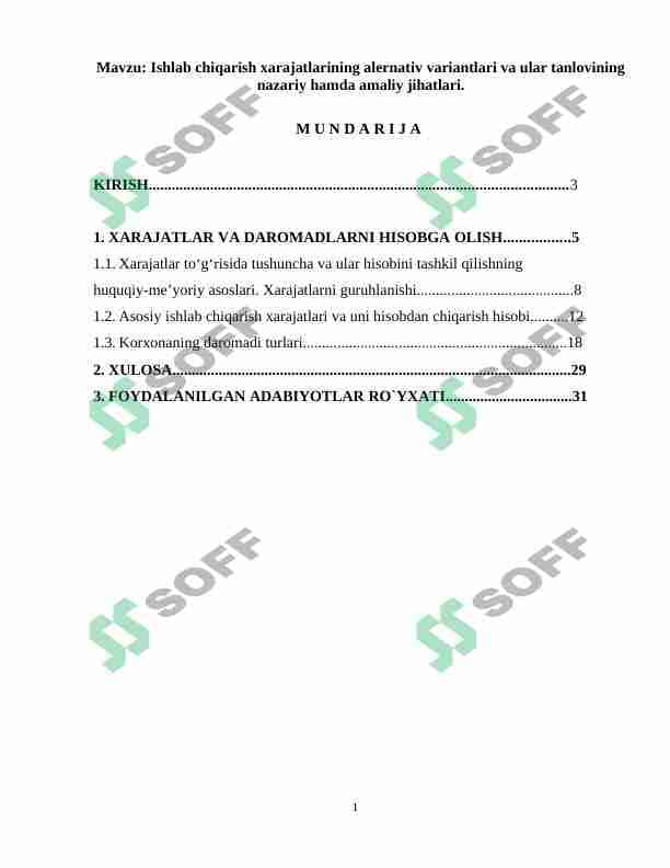 Ishlab chiqarish xarajatlarining alernativ variantlari va ular tanlovining nazariy hamda amaliy jihatlari. 1