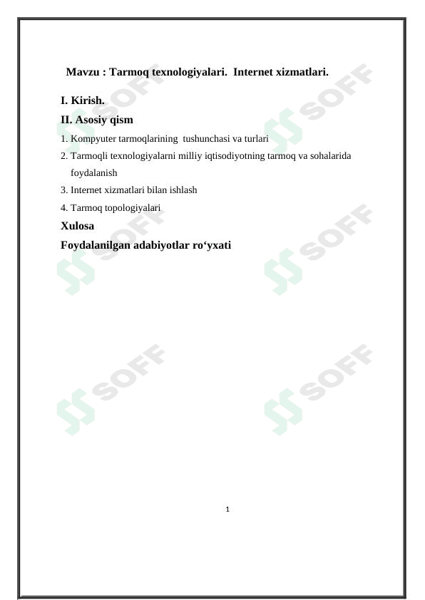 Tarmoq texnologiyalari. Internet xizmatlari. 1