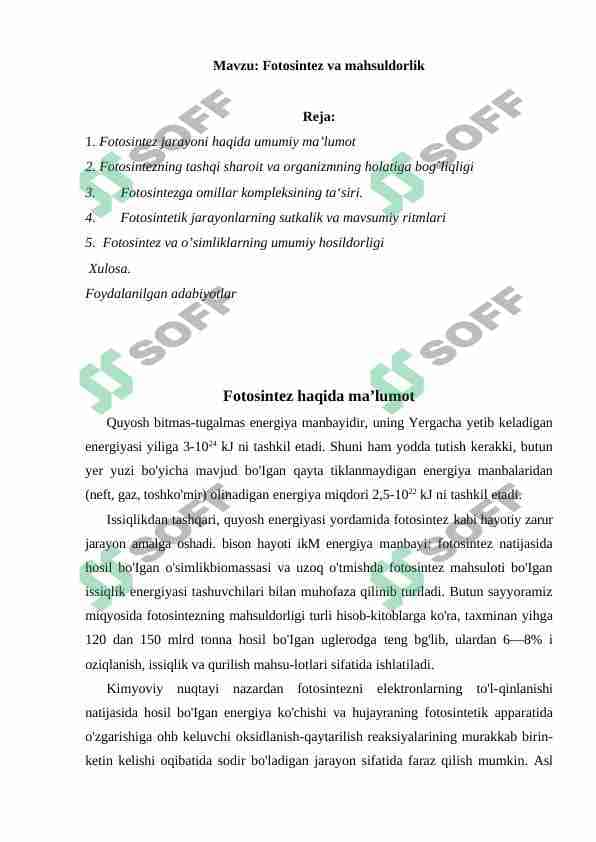 Fotosintez va mahsuldorlik 1