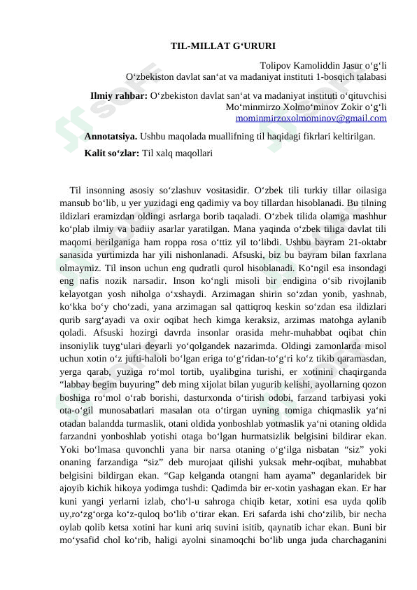 "TIL-MILLAT G'URURI" 1