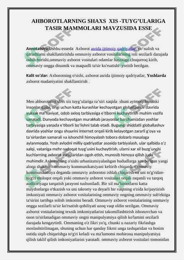 AHBOROTLARNING SHAXS  XIS -TUYG’ULARIGA TASIR MAMMOLARI MAVZUSIDA ESSE 1