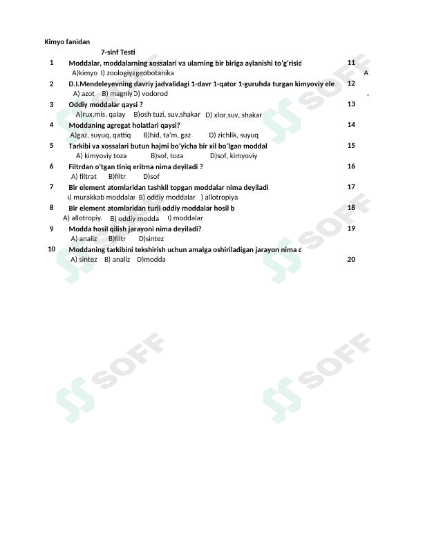 Maktab darsligi 7 - sinf Kimyo fani uchun moʻljallangan test savol - javoblari bilan 1