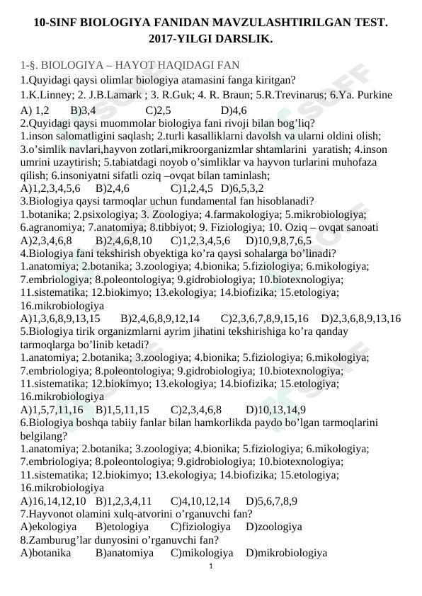 Biologiya fanidan mavzulashtirilgan testlar 1