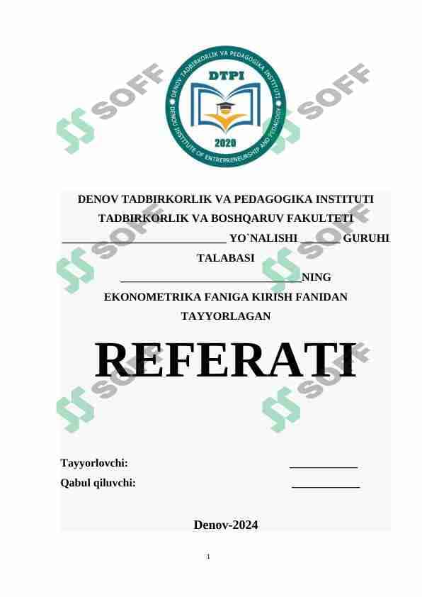 Referat | Iqtisodiyotda chiziqsiz bog‘lanishga ega bo‘lgan jarayonlarni ekonometrik modellashtirish masalalari. 1