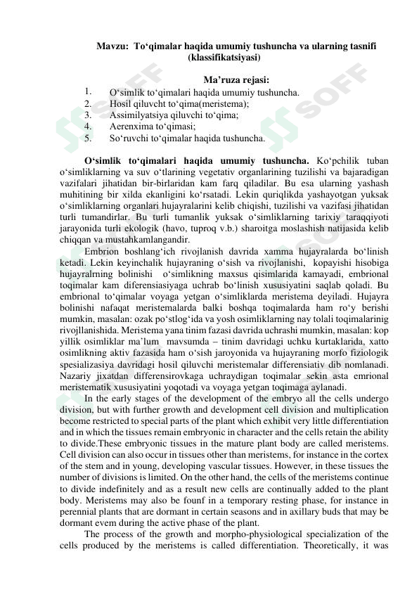 To'qimalar haqida umumiy tushuncha va ularning tasnifi 1