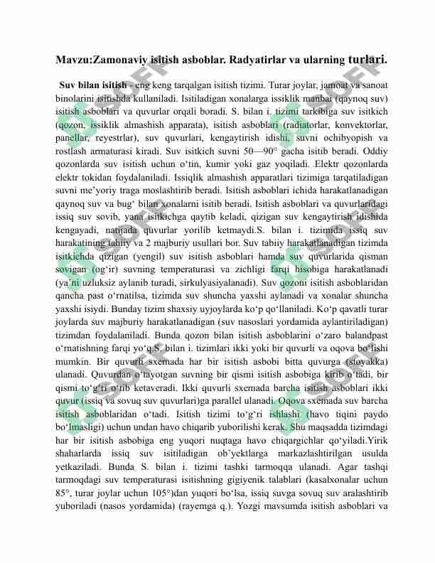 Zamonaviy isitish asboblar. Radyatirlar va ularning turlari. 1