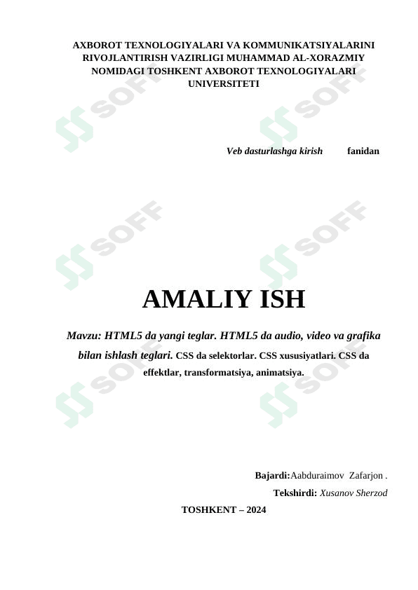 HTML5 da yangi teglar. HTML5 da audio, video va grafika bilan ishlash teglari. CSS da selektorlar. CSS xususiyatlari. CSS da effektlar, transformatsiya, animatsiya. 1