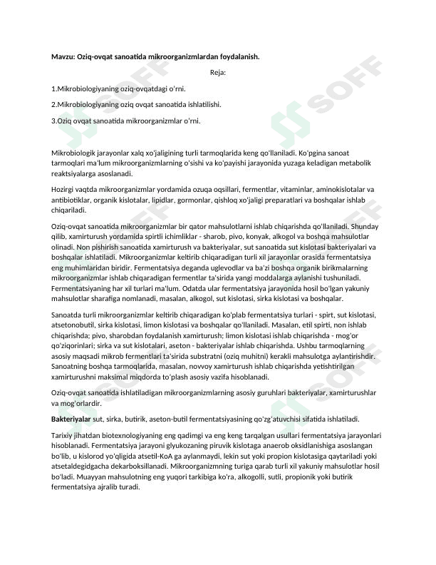 Oziq ovqat sanoatida mikroorganizmlarlardan foydalanish. 1