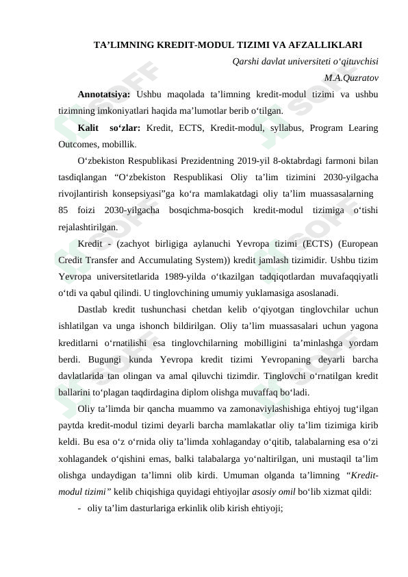 TA’LIMNING KREDIT-MODUL TIZIMI VA AFZALLIKLARI 1