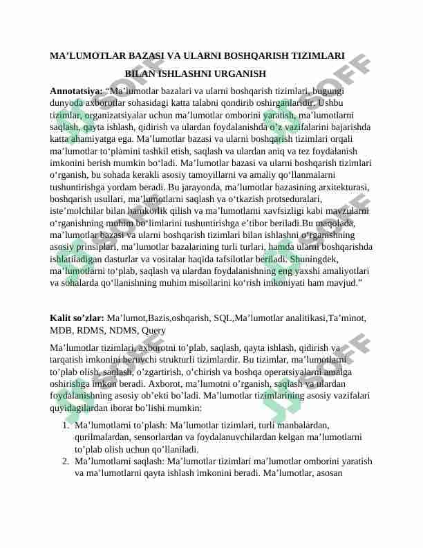 MA’LUMOTLAR BAZASI VA ULARNI BOSHQARISH TIZIMLARI  BILAN ISHLASHNI URGANISH 1