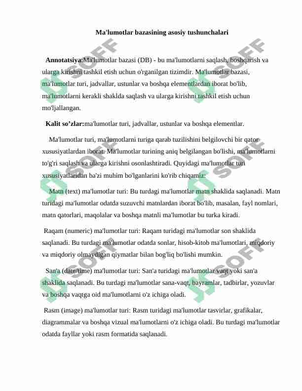 Ma'lumotlar bazasining asosiy tushunchalari 1
