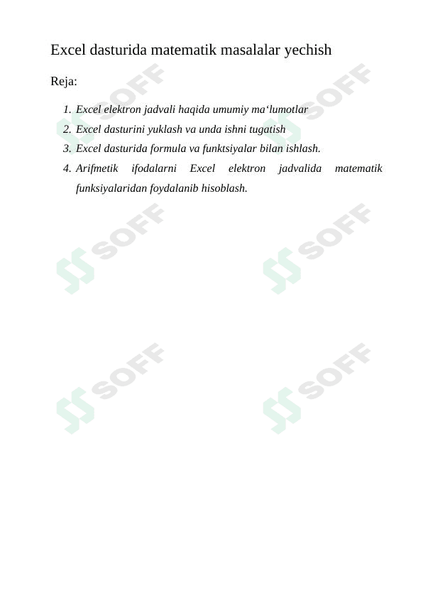 Excel dasturida matematik masalalar yechish 1