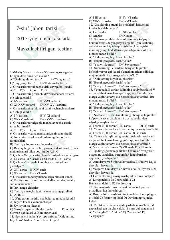 Jahon tarixi fanidan mavzulashtirilgan testlar / 7-sinf 1