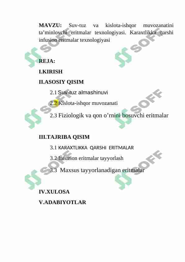 Suv-tuz va kislota-ishqor muvozanatini ta’minlovchi eritmalar texnologiyasi. Karaxtlikka qarshi infusion eritmalar texnologiyasi 1