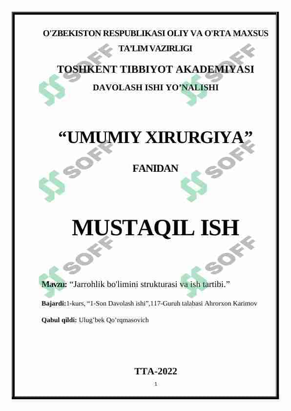 Jarrohlik bo'limini strukturasi va ish tartibi 1