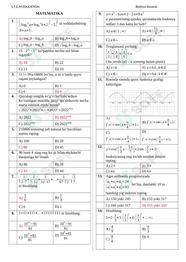 Repetitorlar uchun Matematikadan Repetitsion TEST (javobi bilan) 1