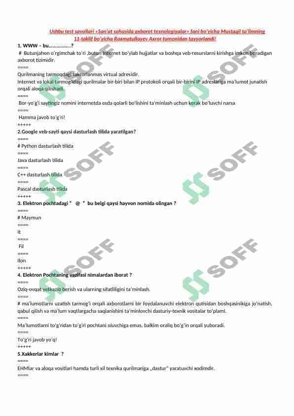 Bravzerlar mavzusiga doir test namuna 1