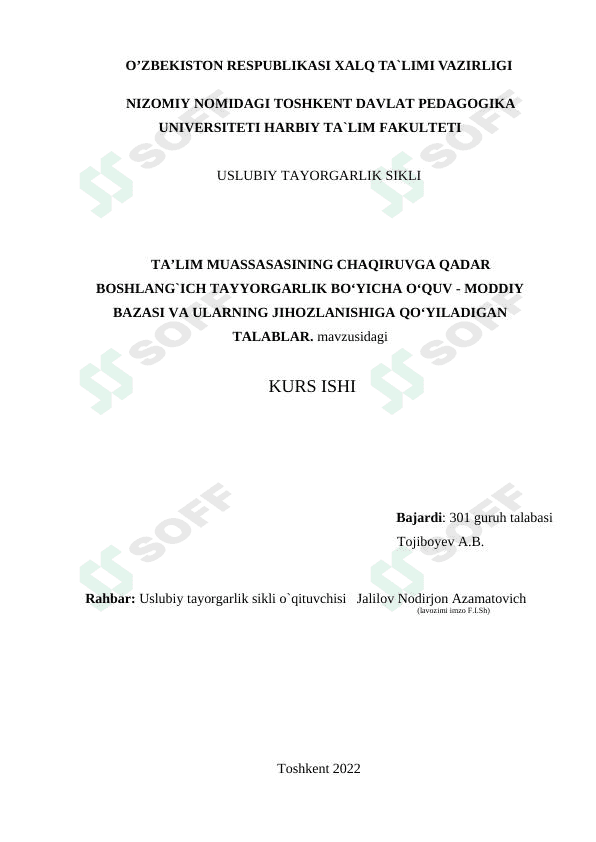 TA’LIM MUASSASASINING CHAQIRUVGA QADAR BOSHLANG`ICH TAYYORGARLIK BO‘YICHA O‘QUV - MODDIY BAZASI VA ULARNING JIHOZLANISHIGA QO‘YILADIGAN TALABLAR 1