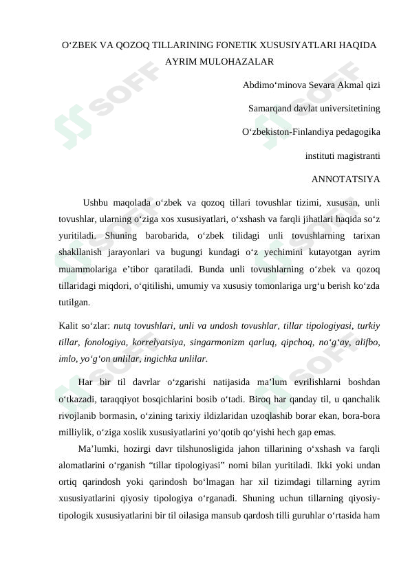 O'zbek va qozoq tillari fonetik xususiyatlari haqida ayrim mulohazalar 1