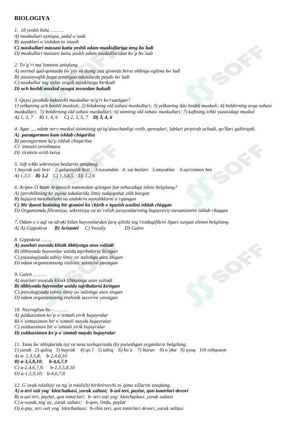 BIOLOGIY FANIDAN TESTLAR TO'PLAMI (JAVOBLI) 1